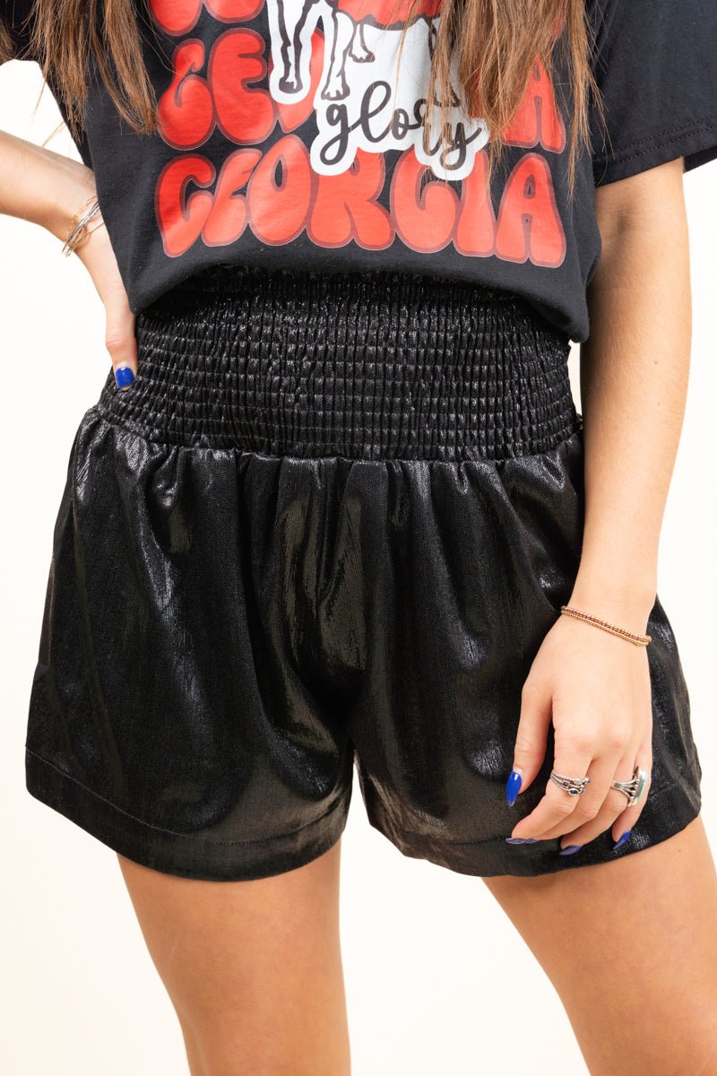 PRE-ORDER! Black Gameday Smocked Metallic Shorts **EXPECTED SHIP DATE 9/15** - Wholesale Accessory Market