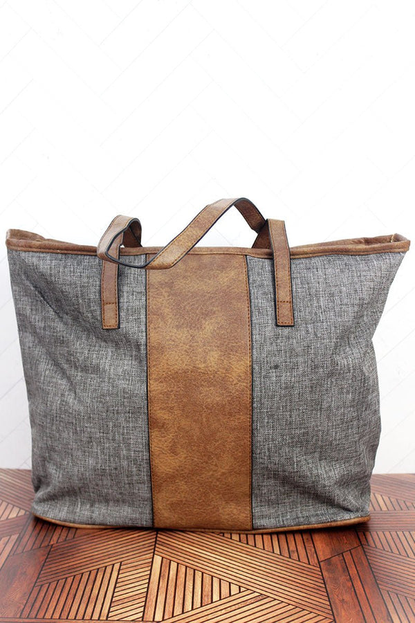 Brown Khaki Crosshatch Utility Tote with Black Trim