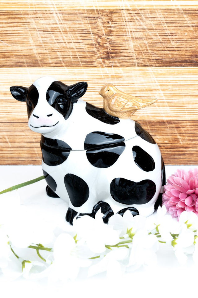 Bird On A Cow Ceramic Treat Jar, 5.75" - Wholesale Accessory Market