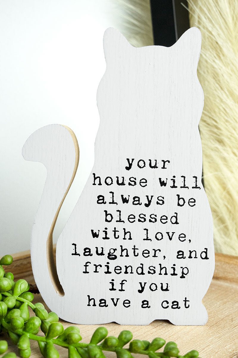 7 x 4.25 'Always Blessed' Wood Cat Shaped Block Sign - Wholesale Accessory Market