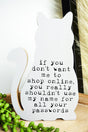 7 x 4.25 'Passwords' Wood Cat Shaped Block Sign - Wholesale Accessory Market