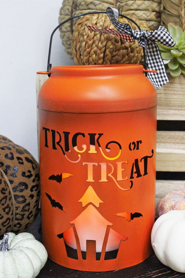 8 x 5 'Trick Or Treat' Orange Metal Light Up Lantern - Wholesale Accessory Market