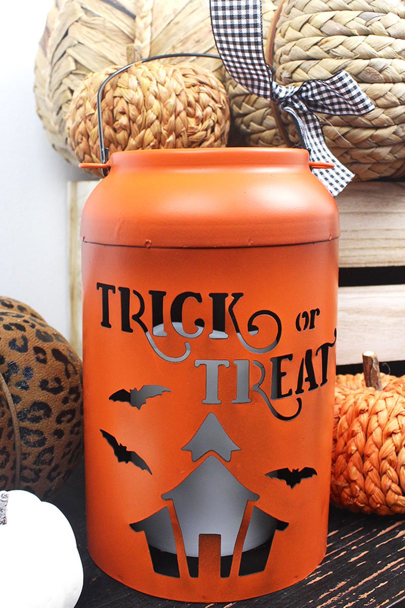 8 x 5 'Trick Or Treat' Orange Metal Light Up Lantern - Wholesale Accessory Market