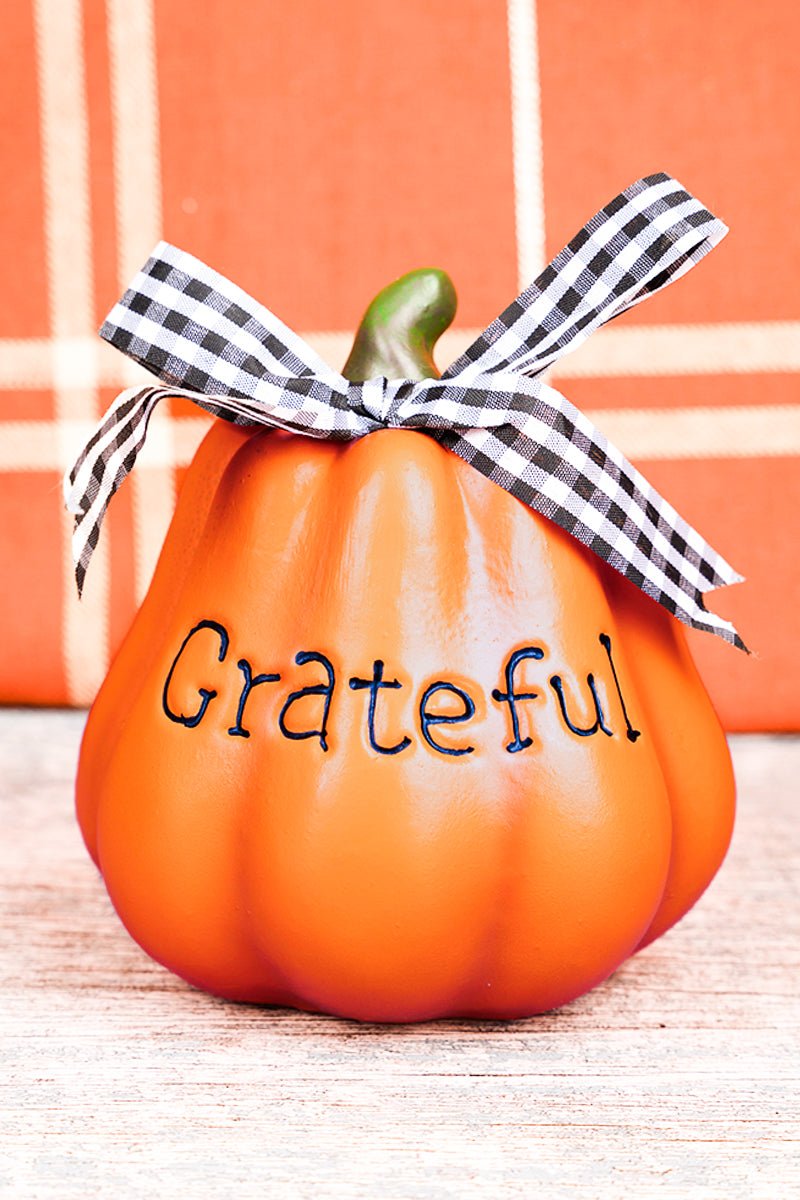 5.25 x 4.75 'Grateful' Orange Resin Pumpkin - Wholesale Accessory Market