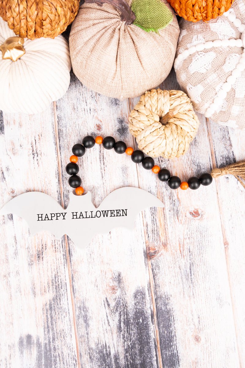 17.75 x 9.5 'Happy Halloween' Bat Wood Beaded Tabletop Decor - Wholesale Accessory Market