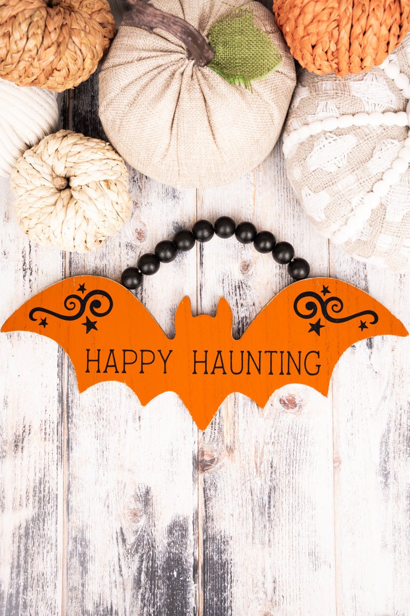 5.25 x 13.5 'Happy Haunting' Wood Beaded Bat Sign - Wholesale Accessory Market