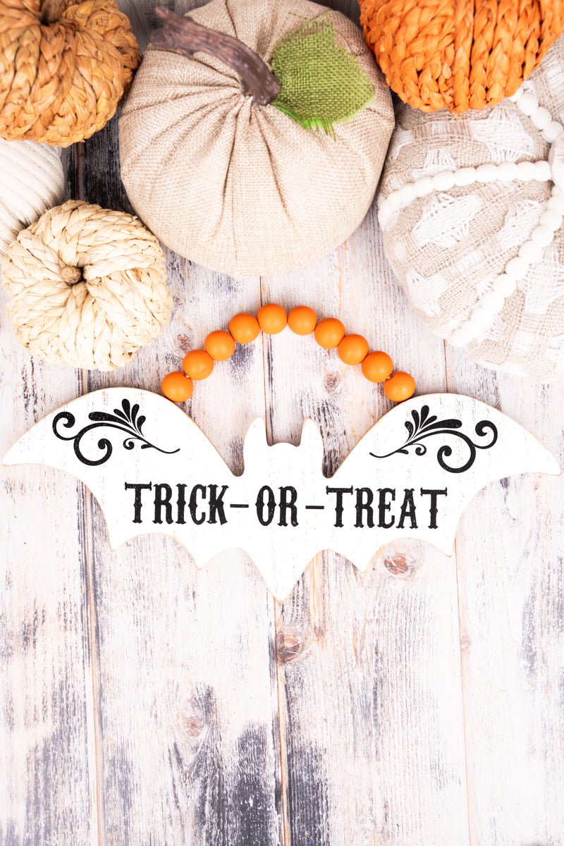 5.25 x 13.5 'Trick Or Treat' Wood Beaded Bat Sign - Wholesale Accessory Market