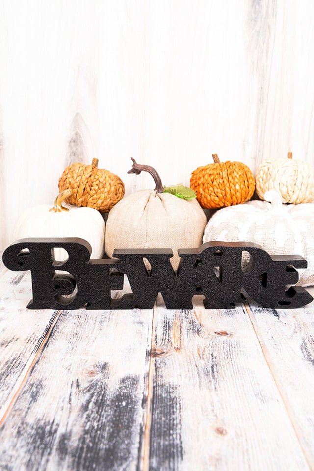 3 x 15.5 'Beware' Black Glitter Tabletop Word Sign - Wholesale Accessory Market