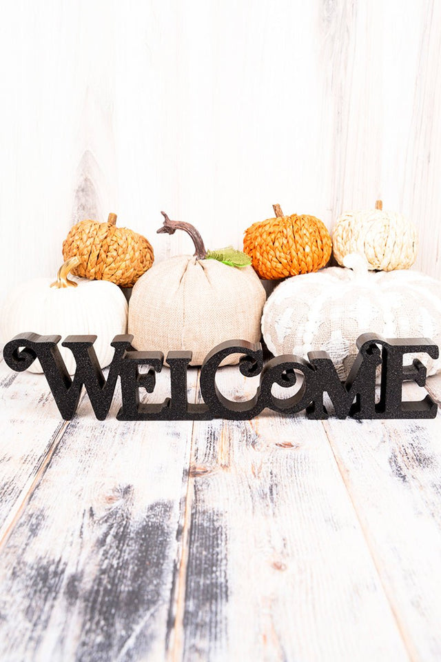 3 x 15.5 'Welcome' Black Glitter Tabletop Word Sign - Wholesale Accessory Market