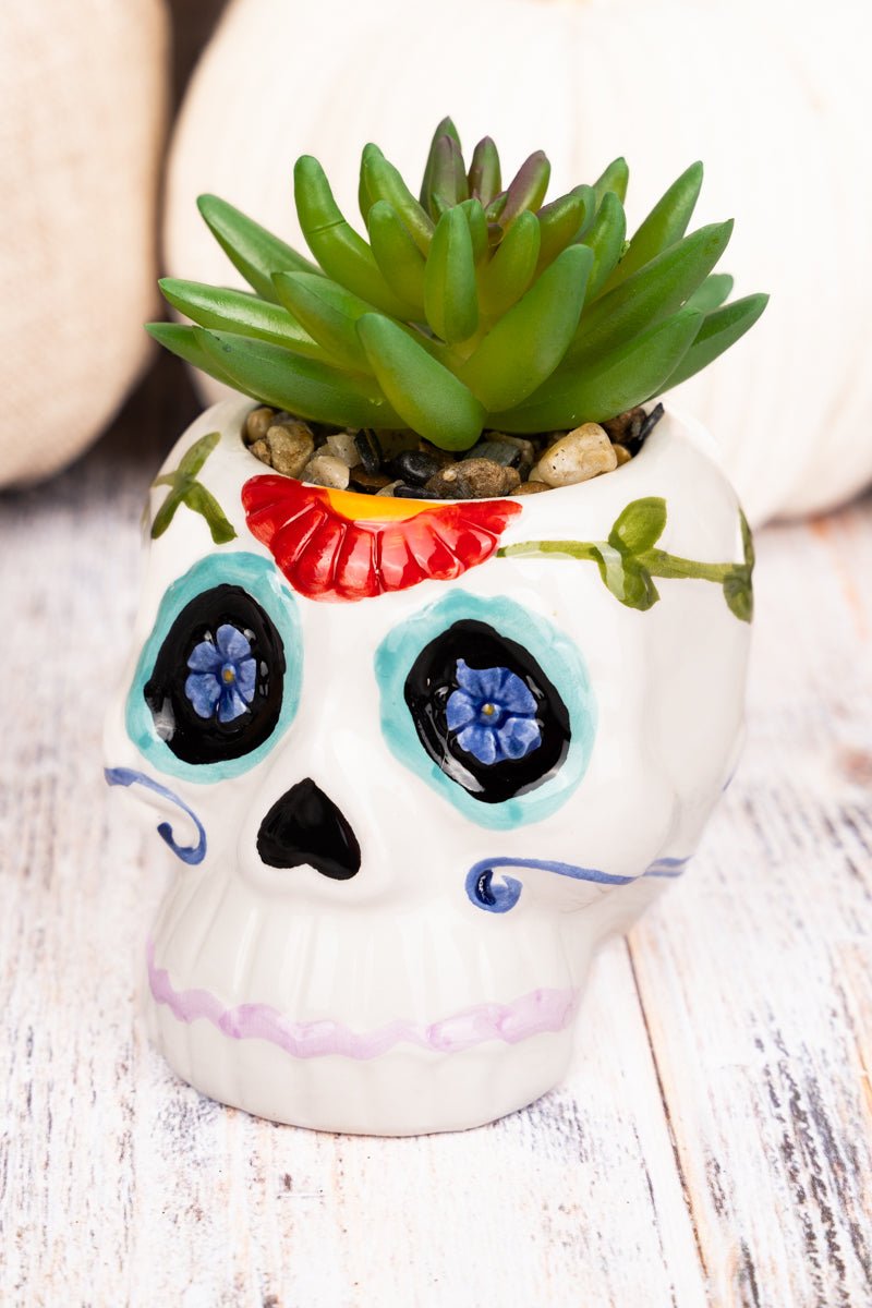 4.5 x 3.5 Camila Sugar Skull Ceramic Planter with Artificial Succulent - Wholesale Accessory Market