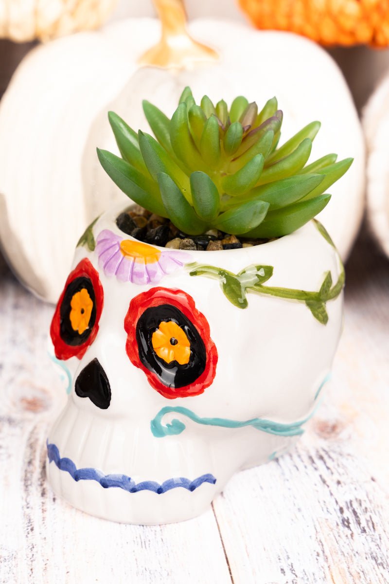 4.5 x 3.5 Diego Sugar Skull Ceramic Planter with Artificial Succulent - Wholesale Accessory Market