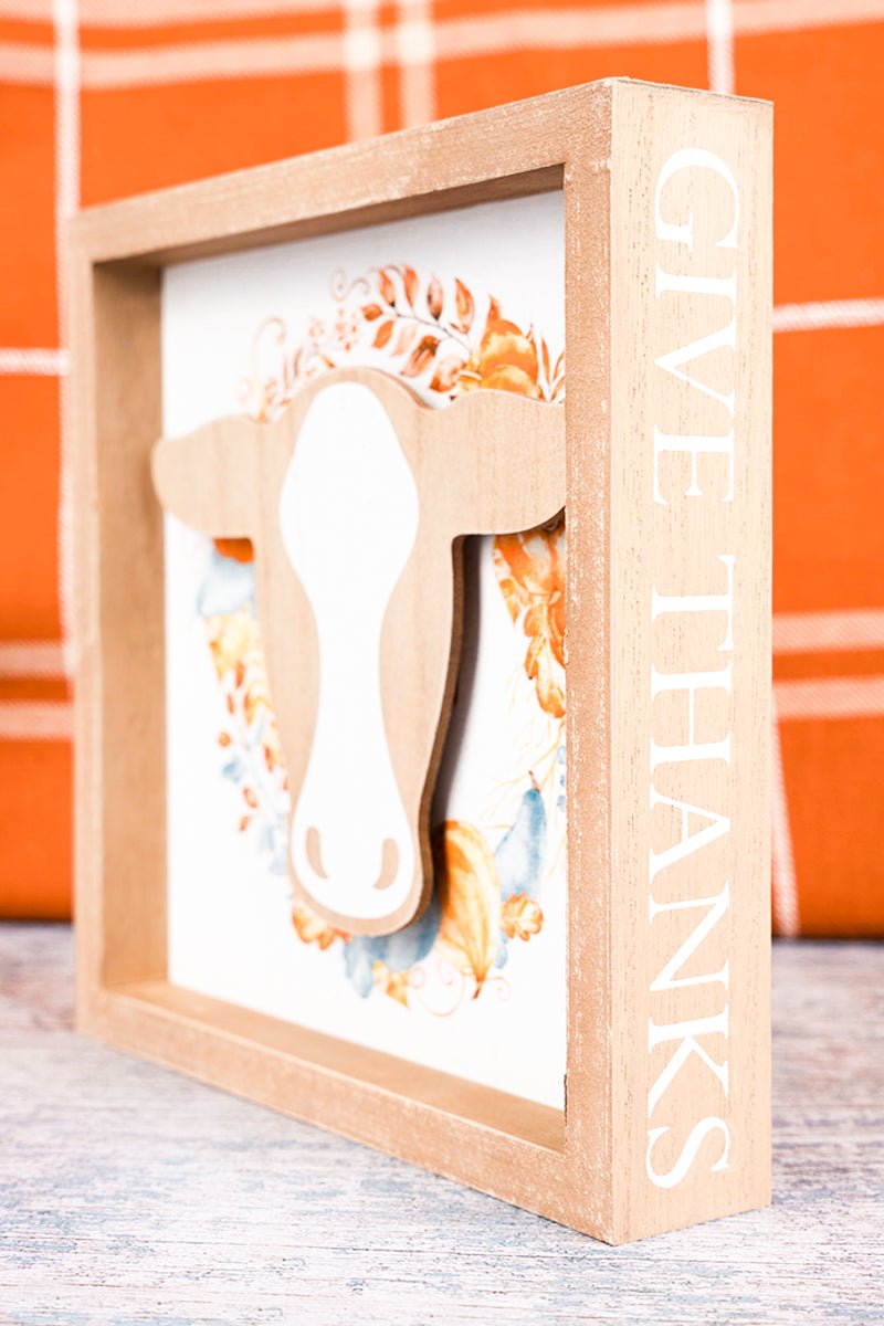 8 x 8 'Give Thanks' Cow Harvest Wall Sign - Wholesale Accessory Market