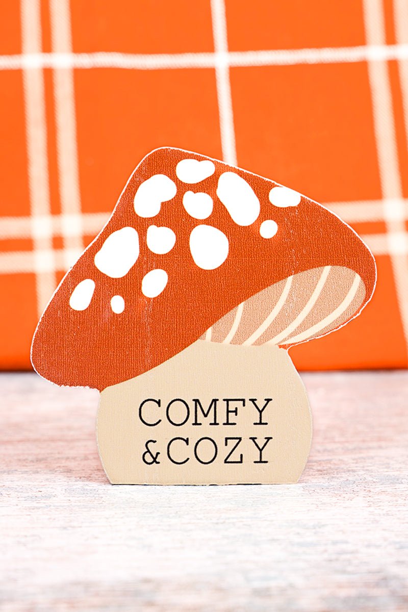 4 x 4.25 'Comfy & Cozy' Woodland Mushroom Block Sign - Wholesale Accessory Market