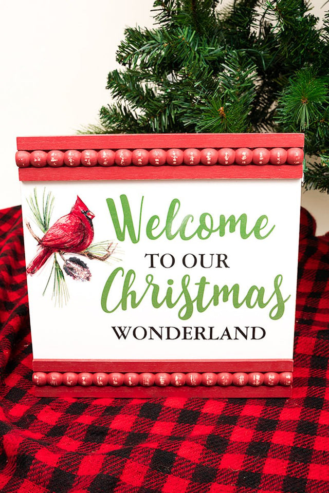 12 x 12 'Welcome To Our Christmas Wonderland' Cardinal Wood Beaded Sign - Wholesale Accessory Market