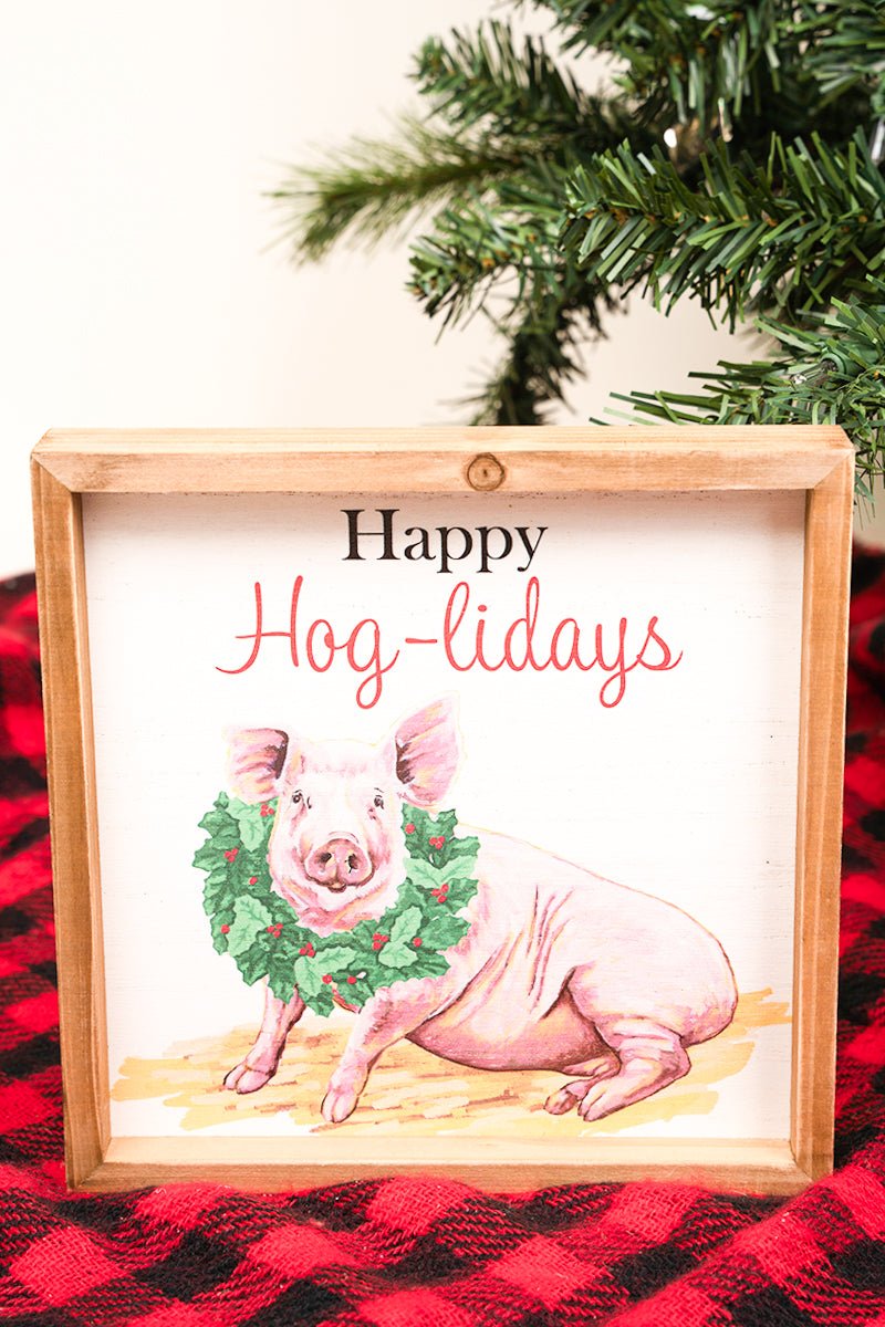 8 x 8 'Happy Hog-lidays' Wood Wall Sign - Wholesale Accessory Market