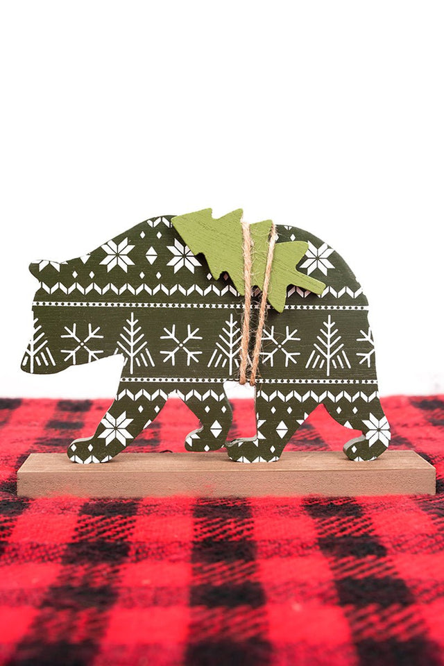 4.75 x 7 Green Fair Isle Bear Wood Tabletop Decor - Wholesale Accessory Market