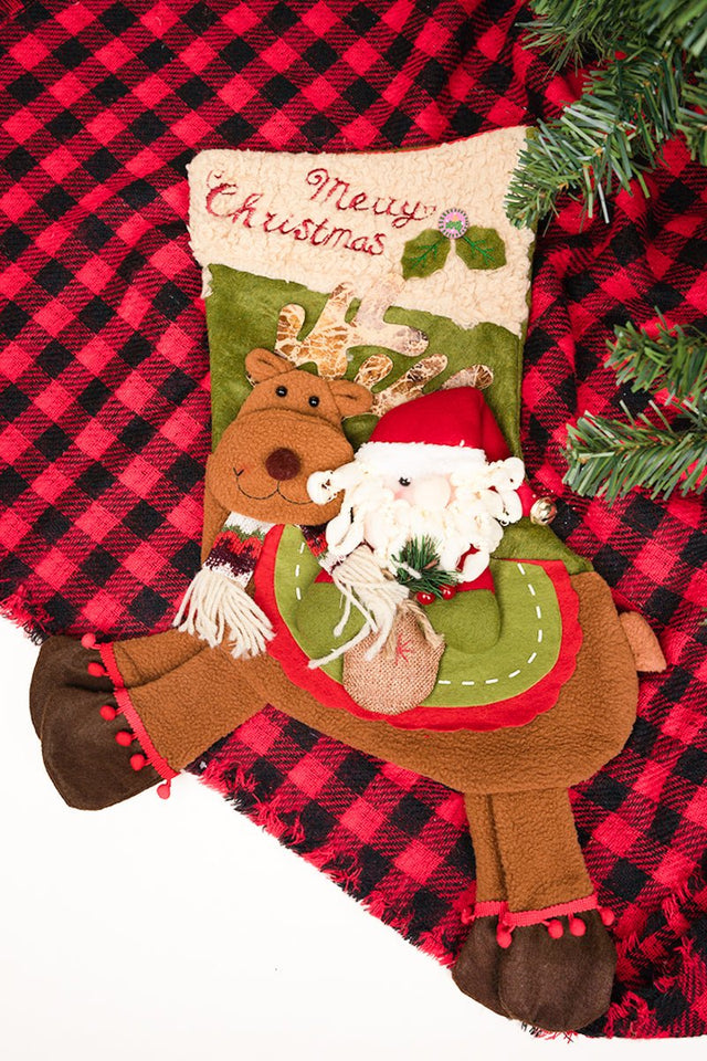 Merry Christmas Santa and Reindeer Fabric Stocking, 17" - Wholesale Accessory Market