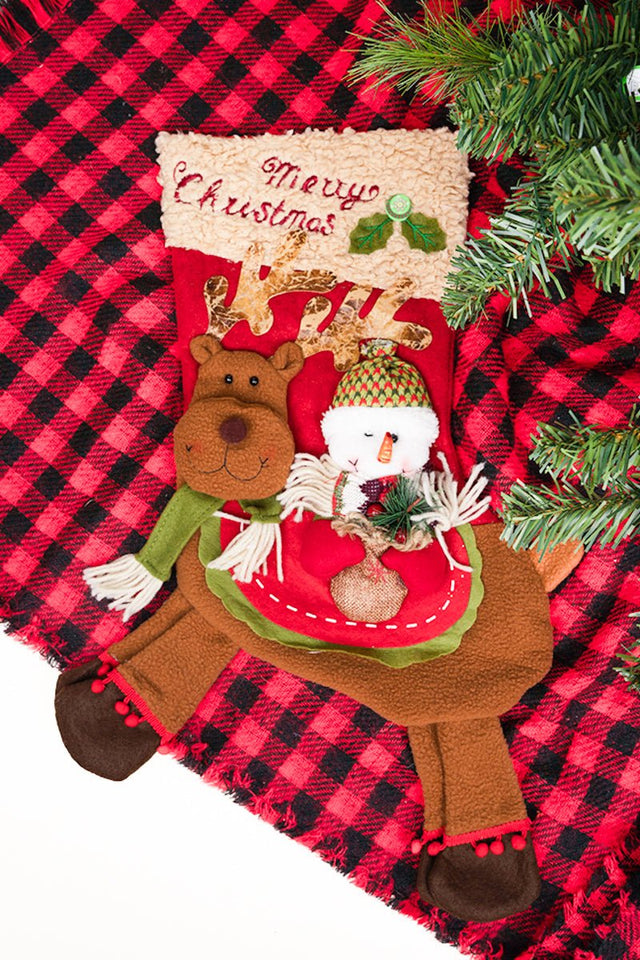 Merry Christmas Snowman and Reindeer Fabric Stocking, 17" - Wholesale Accessory Market