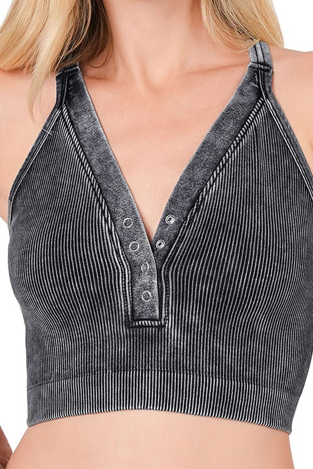 Zenana Miami Beach Ash Black Ribbed V-Neck Crop Tank - Wholesale Accessory Market