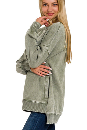 Zenana Easy Like Sunday Light Olive Acid Wash Fleece Pullover - Wholesale Accessory Market