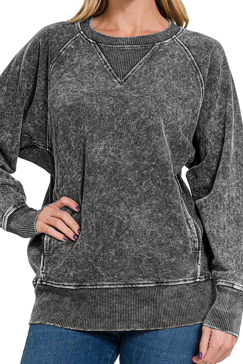 Zenana Early Morning Ash Black Acid Wash French Terry Pocket Pullover - Wholesale Accessory Market