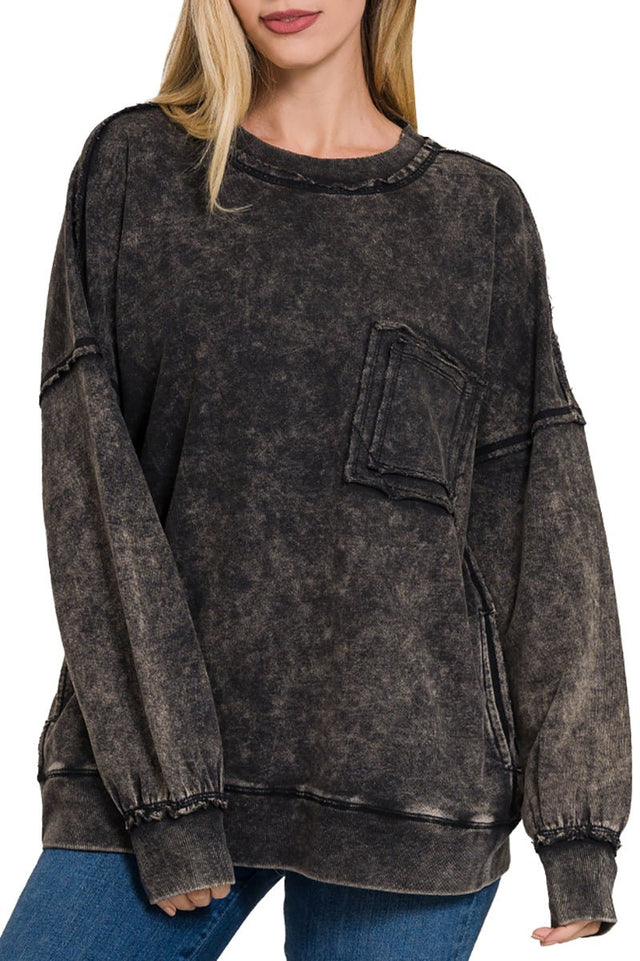 Zenana Harbourview Ash Black Acid Wash French Terry Pocket Pullover - Wholesale Accessory Market