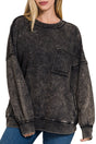 Zenana Harbourview Ash Black Acid Wash French Terry Pocket Pullover - Wholesale Accessory Market