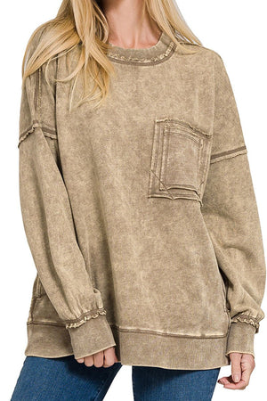 Zenana Harbourview Mocha Acid Wash French Terry Pocket Pullover - Wholesale Accessory Market